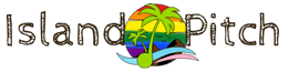 “Island Pitch” in the signature Cabin Sketch font with the Progressive Pride (rainbow) Island Pitch Logo with bright green music note tree in the middle.