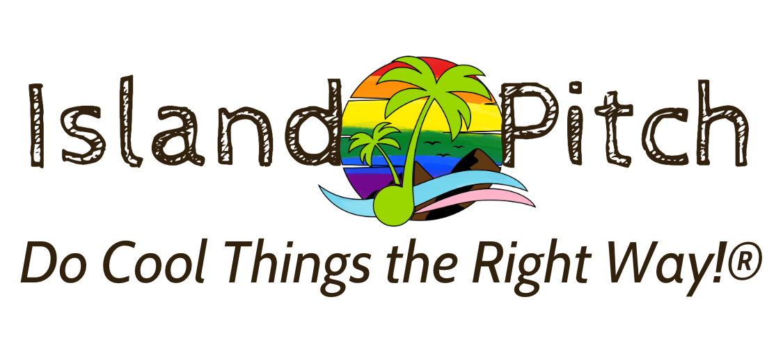 Island Pitch music note palm tree logo in lime green super imposed upon a depiction of an island, waves and rainbow sun with birds flying in the distance. With Slogan, "Do Cool Things the Right Way~
