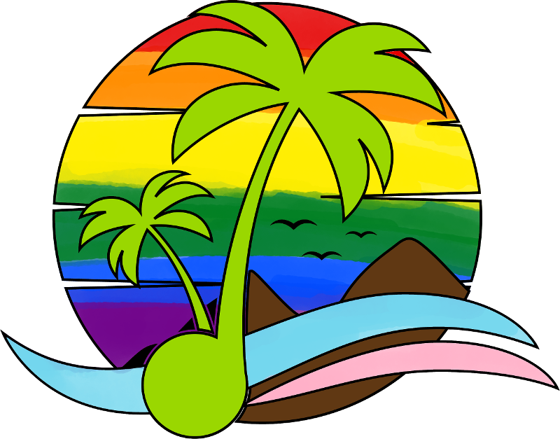 Island Pitch music note palm tree logo in lime green super imposed upon a depiction of an island, waves and Pride rainbow painted sunset with birds flying in the distance.-1