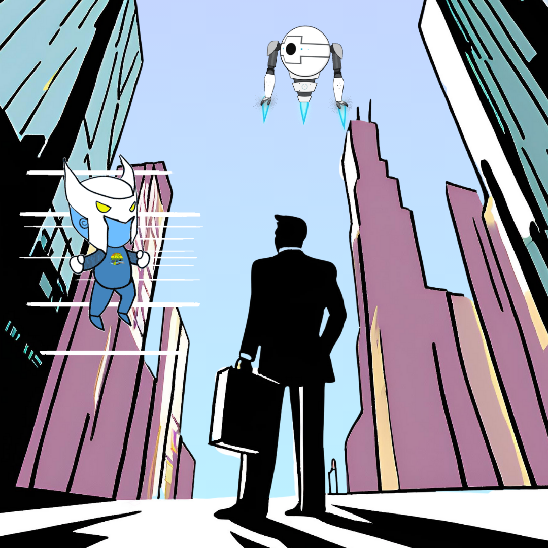 Our Masked Crewsader hovers above Business World while the sillouhette of a business person looks up at the sky, wishing they could Do Cool Things the Right Way!® the background is a perspective shot of tall metropolitan skyscrapers framing the business person.