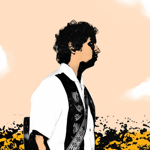 A vector stylized profile portrait of Fabian de Armas facing right and wearing a white and black guayabera with a guitar strap against a field of flowers